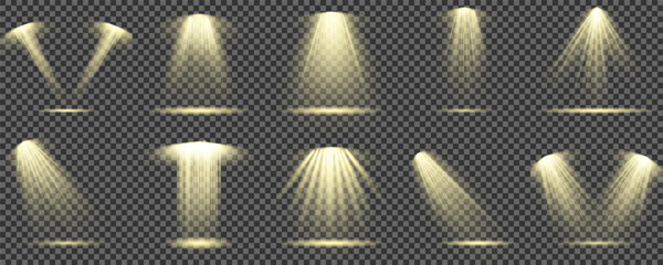 Set of Spotlight isolated on transparent background. Light effect with gold rays. Light sources, concert lighting, stage spotlights. Shine vertical theater projector beam template for design. Vector.