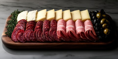 Assorted Sliced Cheese and Meat Snacks on Wooden Board for Wine Tasting