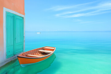 Naklejka premium A vibrant orange boat moored by a turquoise building on a calm sea under bright blue sky