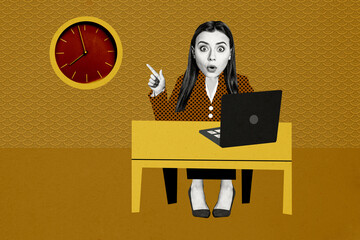 Composite photo collage of astonished businesswoman sit office table macbook device point time...