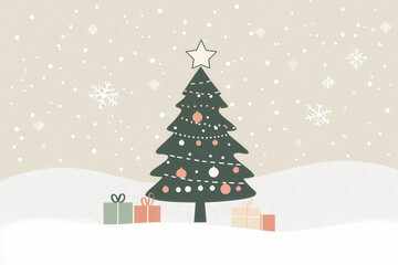 Obraz premium Minimalist Christmas tree with snowflakes and wrapped presents in a snowy winter landscape AI generated