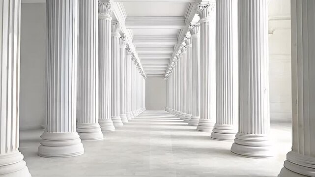 Classical white columns in a bright and elegant architectural space with symmetrical lines. Concept of timeless design, history, and ancient civilizations