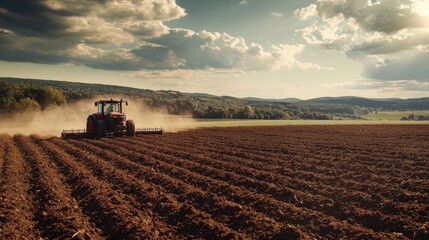 Obraz premium Tractor plowing field during planting season. A tractor cultivator cultivates and digs the soil