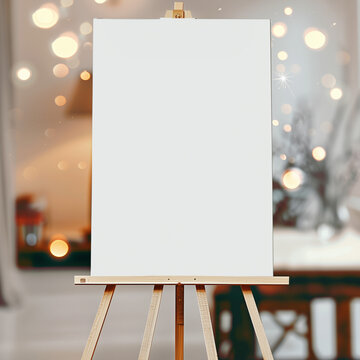 Holiday aesthetic, vertical blank sign on stand mockup, Christmas party, festive blurred glitter background