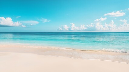 A sunny beach paradise with soft sand, clear blue water, and a bright sky filled with fluffy clouds, perfect for a relaxing summer vacation