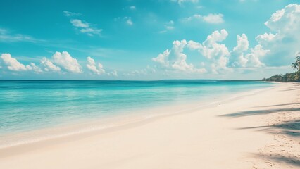 A sunny beach paradise with soft sand, clear blue water, and a bright sky filled with fluffy clouds, perfect for a relaxing summer vacation