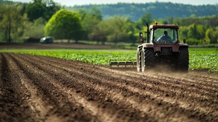 Obraz premium Tractor plowing field during planting season. A tractor cultivator cultivates and digs the soil