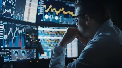 businessman analyzing investment charts on computer monitor at night office. Investment and trading concept
