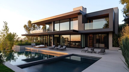 Fototapeta premium Modern luxury home with infinity pool and panoramic view