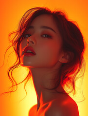 Naklejka premium A captivating portrait of a Korean woman with flowing hair against a warm orange background during a creative photoshoot
