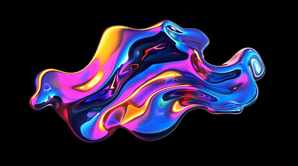 Obraz premium Bold holographic liquid blob shape isolated. Iridescent wavy melted substance on black background