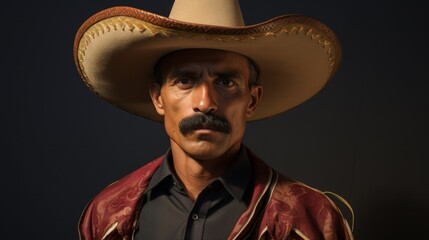 Vintage man with mustache and sombrero hat, mexican macho hat. Neural network ai generated art