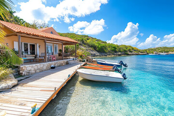 Obraz premium Villa with a private dock and boats moored nearby