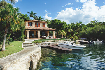 Obraz premium Villa with a private dock and boats moored nearby