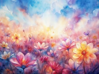 brant watercolor flowers in a dreamy field with a glowing sunlight background
