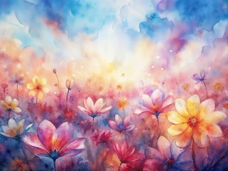 brant watercolor flowers in a dreamy field with a glowing sunlight background 