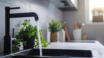 Fototapeta premium Water flows from the tap in the kitchen. The concept of cleanliness and hygiene