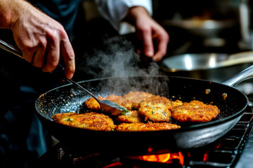 A chef cooking schnitzel in a skillet. 