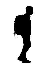 silhouette of walking man with backpacks, hiking, trekking - vector illustration