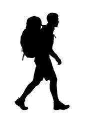silhouette of walking man with backpacks, hiking, trekking - vector illustration