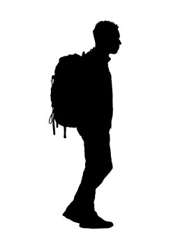 silhouette of walking man with backpacks, hiking, trekking - vector illustration
