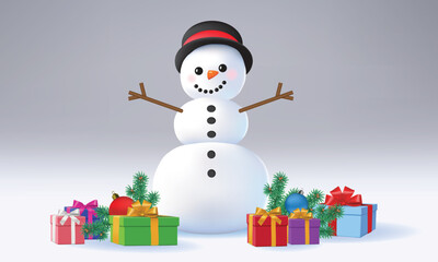Cute cheerful smiling snowman in the snow, surrounded by colorful boxes with gifts. Vector illustration