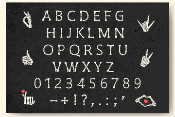 Bone font for Halloween. Vector alphabet made of human bones. Lettering and clipart skeletons.