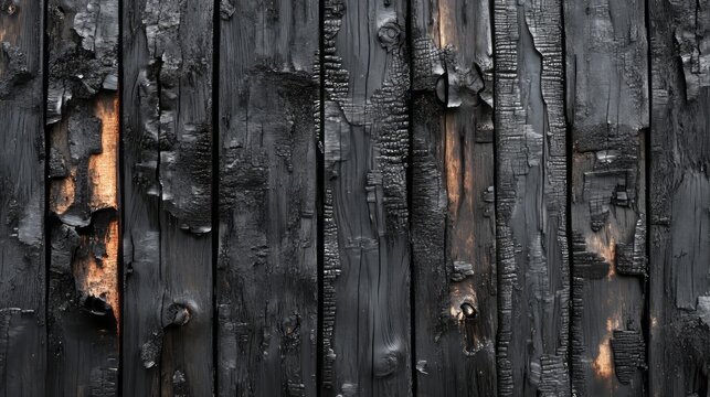 Burnt black wood texture. Charred charcoal. A wall made of damaged, scorched boards. Grunge template for design