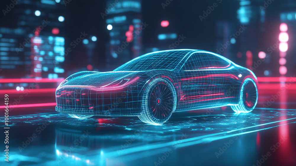 Poster designing a holographic projection of an autonomous electric car in a futuristic urban setting