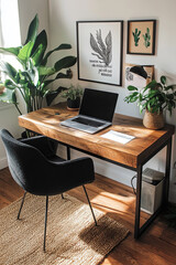 Fototapeta premium Home office with a minimalist desk, laptop, and motivational wall art