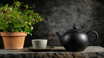 Rustic tea ceremony: black teapot and cup with green potted plant on stone surface