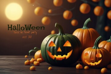 Happy Halloween. Group of 3D illustration pumpkin on treat or trick fun party celebration background design.