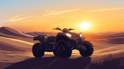 Fototapeta premium A black ATV sits in the desert sand at sunset. The golden hour casts warm light over the dunes.