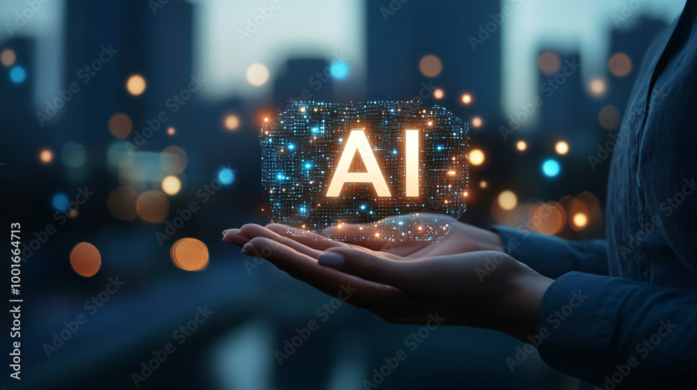 Poster Businesswoman presenting a glowing ai symbol made of binary code with a blurred cityscape in background
