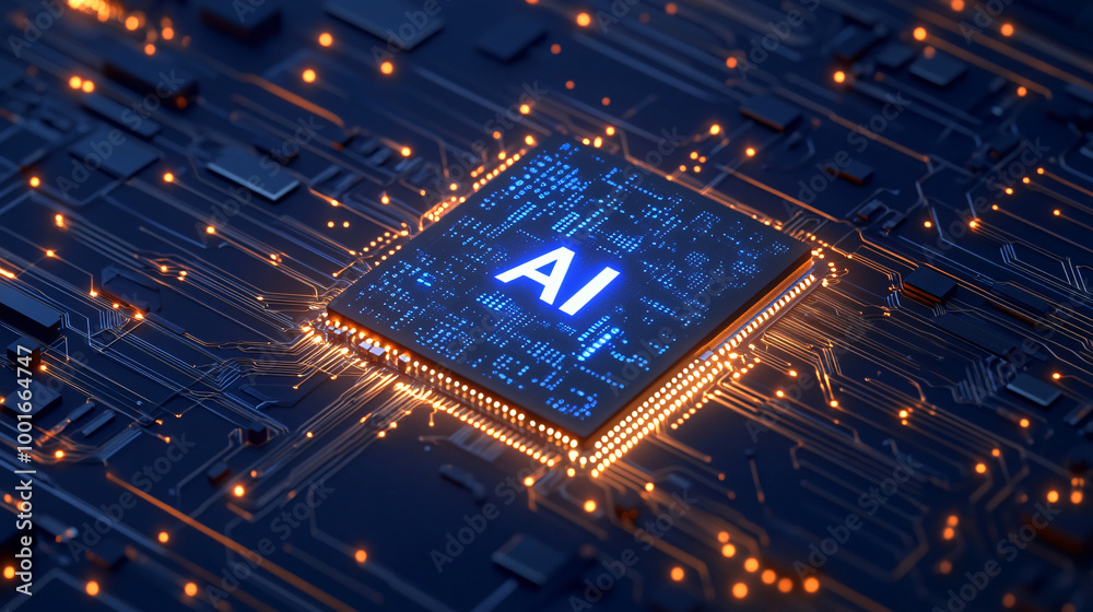 Aufkleber cpu is glowing with ai inscription on a motherboard, symbolizing the power of artificial intelligenc