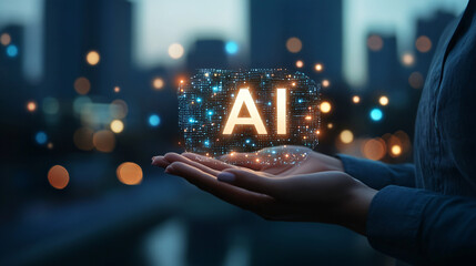 Businesswoman presenting a glowing ai symbol made of binary code with a blurred cityscape in background