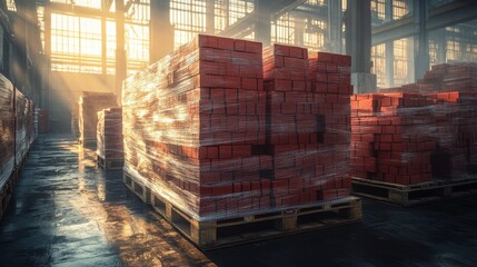 Stacked pallets of red bricks in a warehouse, lit by a beam of sunlight.