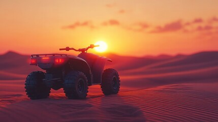 A black ATV sits in the desert dunes as the sun sets behind it, casting a warm glow on the landscape.