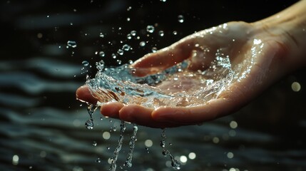 Fototapeta premium Hands cupping water with droplets in natural setting