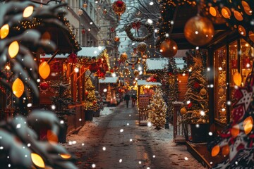 Fototapeta premium A street is lit up with Christmas lights and decorations, generative ai image