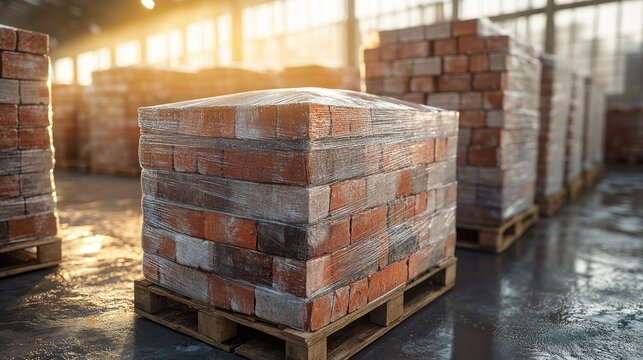 Pallets of red bricks stacked and ready for delivery. These bricks are a common building material used in construction projects.