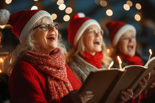 Three cheerful women wearing Santa hats and scarves sing carols by twinkling lights during a festive winter evening celebration