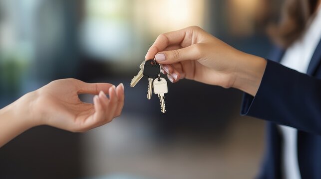 Moment of Homeownership - Realtor Presenting Keys to Joyful New Owner in Vibrant Setting