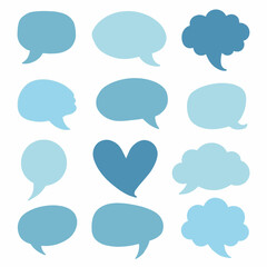 A collection of various blue speech bubbles and one heart icon on a white background.