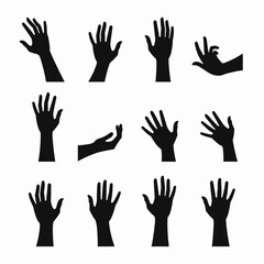 Obraz premium Silhouettes of diverse hands in various positions and gestures against a white background.