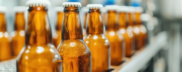 Amber glass bottles lined up on a production conveyor in a brewery setting.