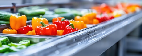 Colorful fresh vegetables on a conveyor belt in a food processing facility.