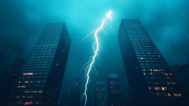 A dramatic thunderstorm lights up the city skyline with lightning striking between tall buildings amidst heavy rain and dark clouds.