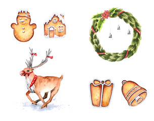 A set of pictures dedicated to winter holidays. Drawn with watercolors