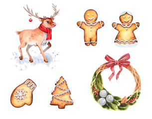 A set of pictures dedicated to winter holidays. Drawn with watercolors
